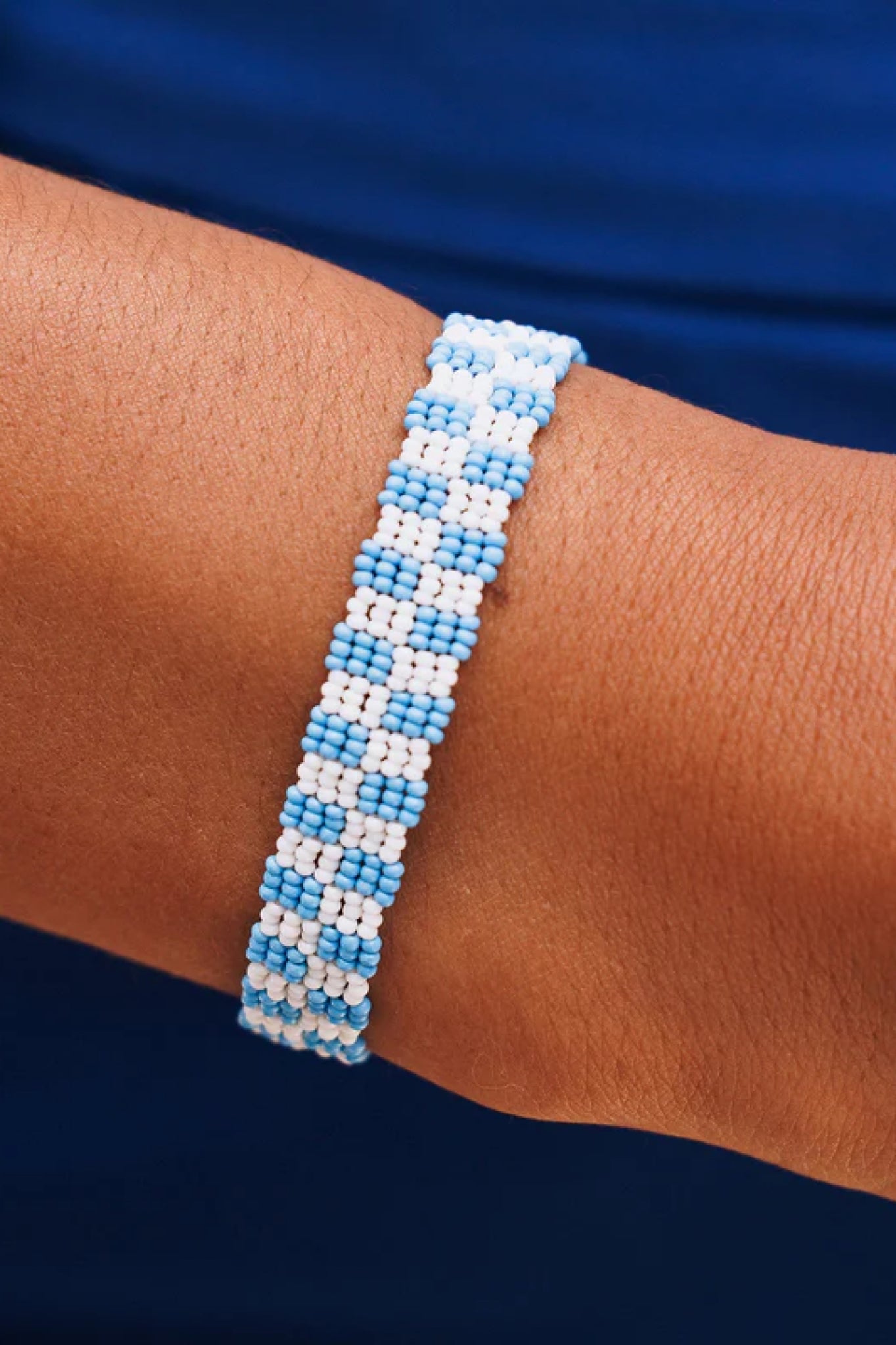 Pura Vida Woven Seed Bead Checkered Bracelet - Blue & White