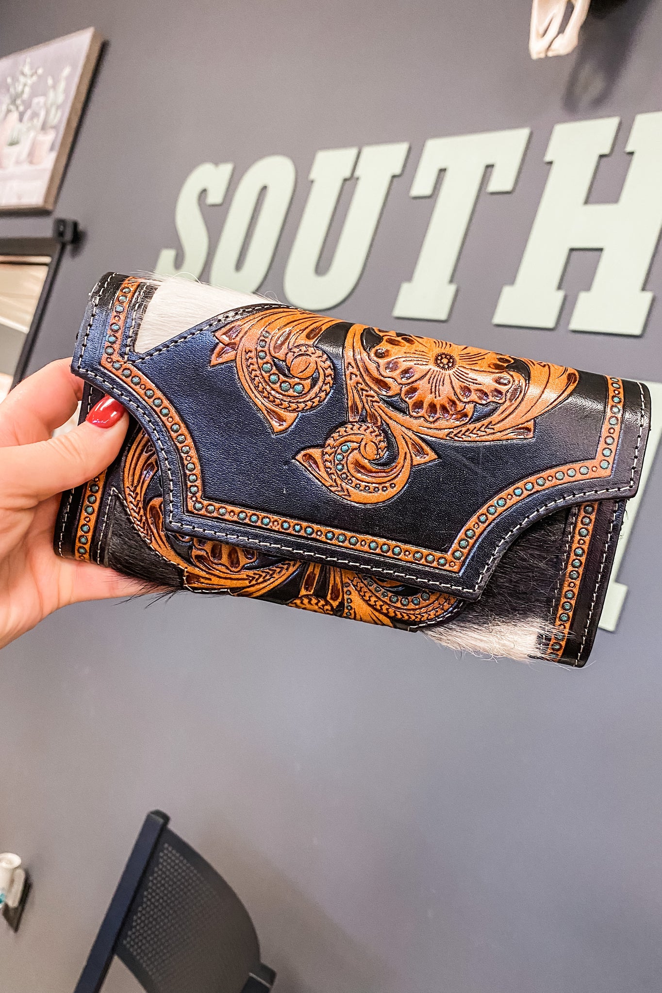 The Lane Tooled Leather + Cowhide Wallet