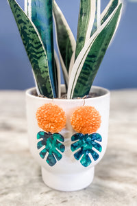Palm Leaf Pom Earrings - Orange