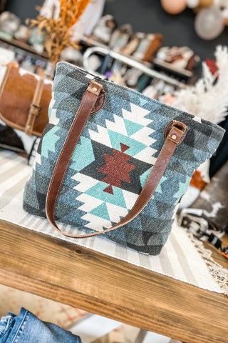 Turquoise + Maroon Aztec Tote Bag
