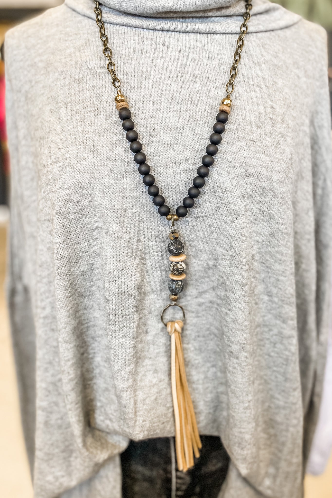 Scooples Black Buckskin Tassel Necklace