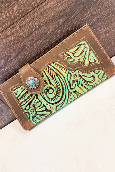 Metallic Green Tooled Leather Wallet